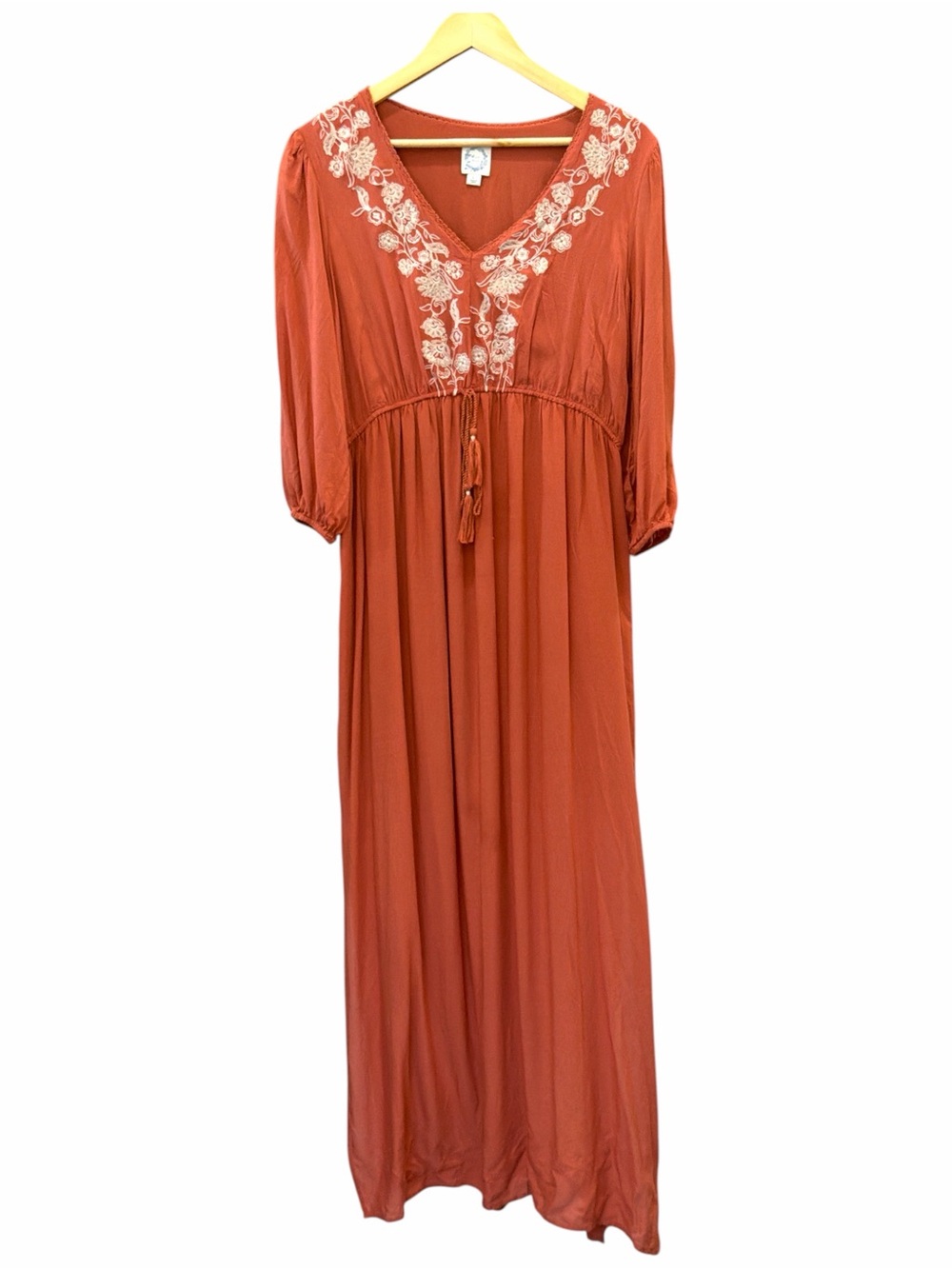 Blue Rain Maxi Dress Womens Large Rust Excellent Embroidered Boho Rayon TDN2672
